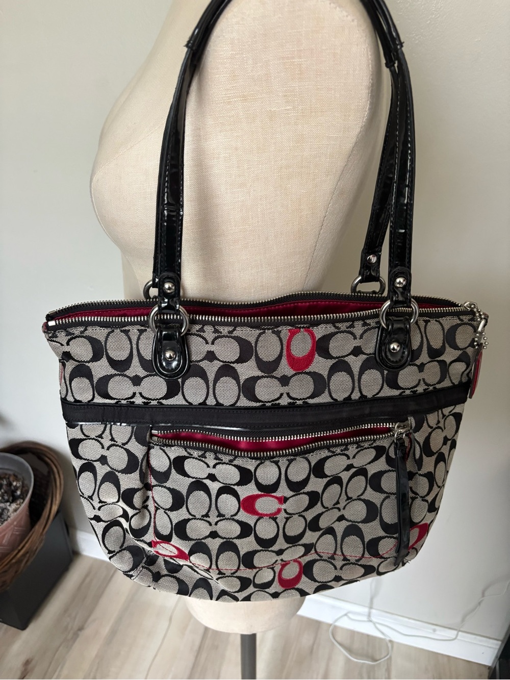 Coach Black and Ivory Signature 21188 Tote with Pink Accents